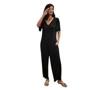 Enorisa Womens Ankle Length Wide Leg Jumpsuit With V-neck Design, Airy Flare Short Sleeves And Soft Touch Cotton Fabric (Black, 8)