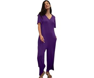 Enorisa Womens Ankle Length Wide Leg Jumpsuit With V-neck Design, Airy Flare Short Sleeves And Soft Touch Cotton Fabric (Purple, 18)