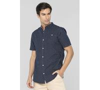 ENORSIA Black Check Grandad Collar Short Sleeve Shirt - M - Black - 100% Cotton.