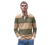 Enorsia Colour Block Woven Collar Polo Shirt with Long Sleeves, Half Placket, Rib Details at Cuff and Woven Collar in Twill Fabric (Cream,L)