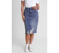 Enorsia Distressed Knee Length Denim Skirt In Mid Blue Mid Blue