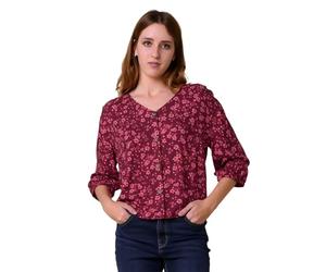 Enorsia Floral Print Button Front Blouse for Women with 3/4 Flared Sleeves and V-Neckline, Classy Elasticated Cuff and Sophisticated Look - Red, 12