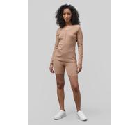 Enorsia Henley Long Sleeve Tee & Shorts Rib Jersey Co-Ords In Brown Brown