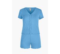 Enorsia Lettuce-Edge Button Through Soft Rib Jersey Co-Ords In Blue Blue