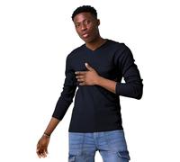 Enorsia Long Sleeve Waffle T-Shirt with Ribbed V-Neck, Solid Colour Pocket and Soft Touch Cotton Pique Fabric (Black, M)