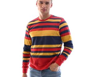Enorsia Men’s Stripe Crew Neck Sweatshirt - Premium Cotton Terry Pullover Regular Fit Jumper - Soft Breathable Casual Layering Men’s Sweatshirt for Everyday Comfort - Red, Size Large UK