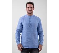 ENORSIA Men's Band Collar Linen Shirt - L - Blue - 100% Linen Plain