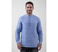 ENORSIA Men's Band Collar Linen Shirt - S - Blue - 100% Linen Plain