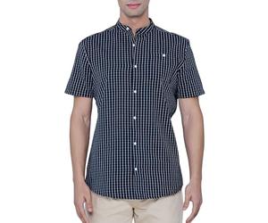 Enorsia Mens Black Check Grandad Collar Short Sleeve Shirt - Relaxed Fit Cotton Casual Formal Shirt with Button-Closure Pocket, Breathable Summer Wedding Office Wear for Men (L, Black)