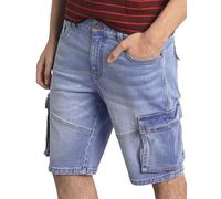 Enorsia Mens Blue Denim Cargo Shorts - Stretch Vintage Wash Jean Shorts with Multiple Pockets, Button & Zip Fly, Belt Loops - Casual Summer Workwear (Sky,34)