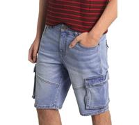 Enorsia Mens Blue Denim Cargo Shorts - Stretch Vintage Wash Jean Shorts with Multiple Pockets, Button & Zip Fly, Belt Loops - Casual Summer Workwear (Sky, 30)