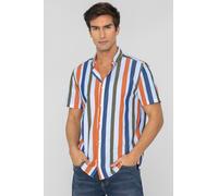 Enorsia Men's Blue Orange Stripe Check Button-Down Short Sleeve Shirt | Size: 2XL Enorsia Orange 2XL
