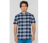 ENORSIA Men's Check Short Sleeve Oxford Shirt - XL - Navy - 98% Cotton 2% Spandex