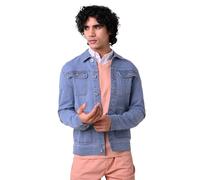 Enorsia Mens Classic Blue Denim Jacket With Long Buttoned Sleeves, Button-Flap Patch Pockets At Chest And Leather Patch Detailing On The Bottom Hem (Blue, XL)