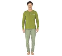 Enorsia Men's Cotton Rich Jersey Pyjamas Set - Super Soft Long Sleeve Henley Top with Pocket & Striped Bottoms - Elasticated Waist Classic & Relaxed Sleepwear (L, Green)