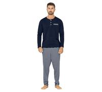 Enorsia Men's Cotton Rich Jersey Pyjamas Set - Super Soft Long Sleeve Henley Top with Pocket & Striped Bottoms - Elasticated Waist Classic & Relaxed Sleepwear (XL, Navy)