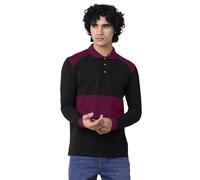 Enorsia Mens Cut & Sew Pique Polo with Long Sleeve, Colour Block Stripe, Classic Collar, Soft Touch Cotton, Unique Contrast Design (Black,L)