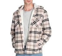 Enorsia Mens Ecru Check Hooded Shacket, Borg Lined Sherpa Flannel Jacket with Horn Button Fastening, Chest and Side Pockets, Warm Winter Coat for Outdoor (UK, Alpha, L, Regular, Regular, Cream)