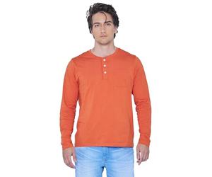 Enorsia Mens Regular Fit Long Sleeve T-Shirt with Neck Buttons, Half Placket, 3 Button-Up Closure and Henry Neck Buttons (Orange, L)
