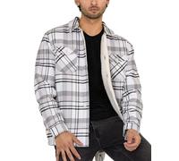 Enorsia Mens Sherpa-Lined Plaid Check Shacket Jacket - Cozy Regular Fit with Horn Button Closure, Chest and Side Pockets for Cold Weather (White, L)