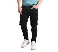 Enorsia Mens Skinny Fit Black Cargo Jeans with 2 Front Pockets 2 Side Flap Pockets 2 Back Embroidered Button Zip Fly Fastening Cut and Sew Panel Design Stretch Cargo Trousers - 34 UK Size
