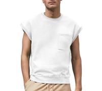 Enorsia Mens Sleeveless Crew Neck Sweatshirt - Lightweight Cotton-Blend Fleece Pullover with Ribbed Hem and Kangaroo Pocket (M, White)
