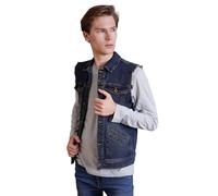Enorsia Mens Sleeveless Denim Jacket - Regular Fit Stretch Jean Vest, Mid Indigo & Light Blue Wash, Button-Up Front, Raw-Cut Armholes, Casual Layering Vest (XL, Mid Indigo Wash)