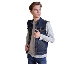 Enorsia Mens Sleeveless Denim Jacket - Regular Fit Stretch Jean Vest, Mid Indigo & Light Blue Wash, Button-Up Front, Raw-Cut Armholes, Casual Layering Vest (XL, Mid Indigo Wash)