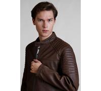ENORSIA Men's Smart Zip-Up Genuine Leather Biker Jacket - XXL - Brown - Body: 100% Genuine Leather; Lining: 100% Polyester