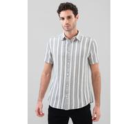 ENORSIA Mens Smoke Stripe Kent Collar Short Sleeve Shirt - L - Ecru Stripe - 100% Cotton