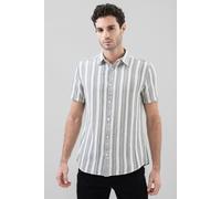 ENORSIA Mens Smoke Stripe Kent Collar Short Sleeve Shirt - M - Ecru Stripe - 100% Cotton
