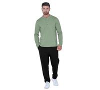 Enorsia Mens Solid Pyjamas Set - Henley Neck, Long Sleeves, Elasticated Waist Bottom with Side Pocket, Comfortable Sleepwear for Men (UK, Alpha, L, Regular, Regular, Green)