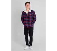 Enorsia Men's Tartan Check Borg Lined Cotton Shacket in Navy | Size: Large Enorsia Navy L