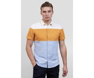 ENORSIA Multicoloured White/Orange/Blue Linen Blend Colour Block Shirt - M - Multicoloured - 55% Linen, 45% Cotton