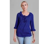 Enorsia Polka Dot Prints Frill Neck Jersey Blouse In Blue Blue