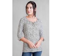 Enorsia Polka Dot Prints Frill Neck Jersey Blouse In Off White Off White