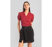Enorsia Puff Sleeve V-Neck Polo Shirt In Red Red