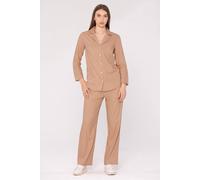 Enorsia Soft Touch Button Through Shirt And Trouser Pyjama Set In Brown Brown
