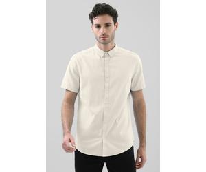 ENORSIA Solid Linen Blend Short Sleeve Shirt - L - Beige - 55% Linen, 45% Cotton