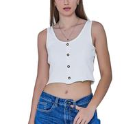 Enorsia Women’s Ribbed Button Front Tank Top - Slim Fit Cropped Vest with Scoop Neckline & Raw Edge Detail - Stretch Cotton Rib Sleeveless Summer Top in White, 10
