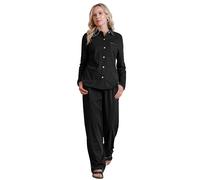 Enorsia Womens 100% Cotton Long Sleeve Shirt and Trouser Pyjama Set - Soft & Stylish PJs with Collared Top, Chest Pocket, Elastic Waist Pants in Black, Size 10