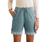 Enorsia Womens Bermuda Shorts Cotton Loose Fit Summer Shorts with Elastic Waist, Drawstring, Back Pocket, Side Slit & Leaf Print Hem for Casual Beachwear (UK, Numeric, 16, Regular, Regular, Green)