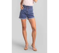 Enorsia Women's Blue Denim Paperbag Waist Folded Hem Shorts in Dark Blue | Size: 14