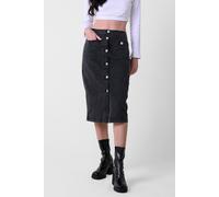 Enorsia Womens Washed Black Denim Midi Skirt with Button Opening at The Front, Back Welt Pocket, Front Pocket (Black, 14)