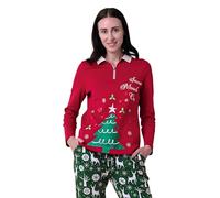 Enorsia Womens Christmas Tree Printed Polo Shirt Cotton Long Sleeve Polo Tops for Women Soft Touch Collared Zip Neck Ladies Polo Shirts (UK, Numeric, 18, Regular, Regular, Red)