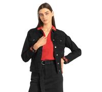 Enorsia Womens Classic Black Denim Jacket with Sleeve Embroidery, Button-Front Closure Button Patch & Side Pockets with Embroidered Cuffs (12, Black)