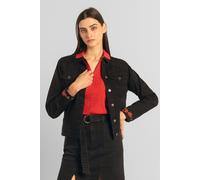 Enorsia Women's Classic Black Denim Jacket With Sleeve Embroidery | Size: 10