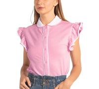 Enorsia Women's Contrast Trim Flutter Sleeve Blouse with Snap Buttons & Piping - Chic Button-Up Top for Work, Dates, Parties and Perfect for Outings