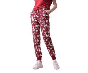 Enorsia Womens Deer Printed Leggings Soft Cotton Febric with Pockets Adjustable Drawstring Waist Festive Christmas Woodland Print Comfortable Ladies Jogging Bottoms Casual Lounge Wear Pants