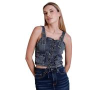 Enorsia Womens Denim Crop Vest Top Navy Lace-Up Front Fitted Body, Square Neckline, Adjustable Straps Flap Pockets, Sleeveless Corset Style for Summer Outfits(14, Vintage Mid Wash)